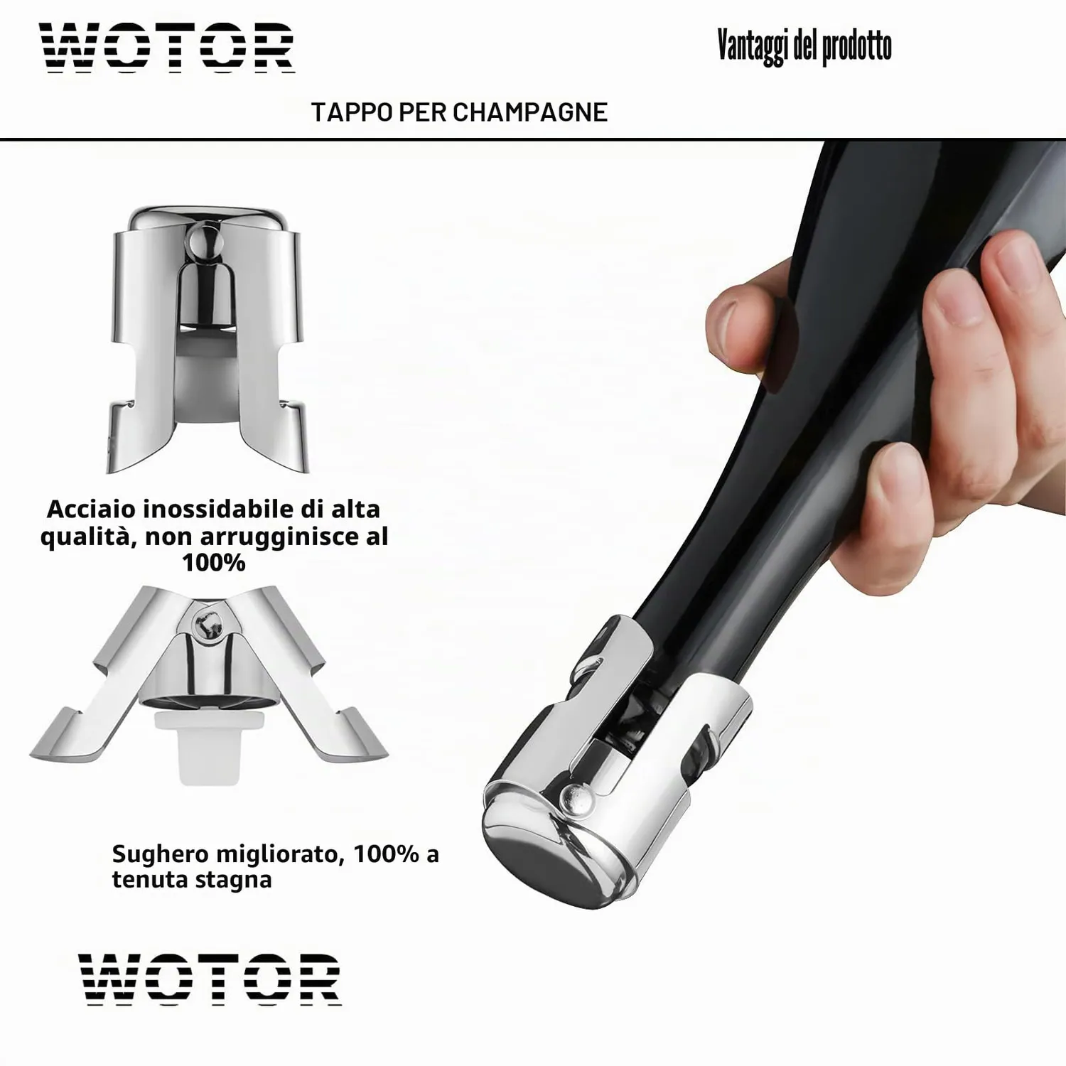 WOTOR Tappo per Spumante Acciaio Inox Ermetico