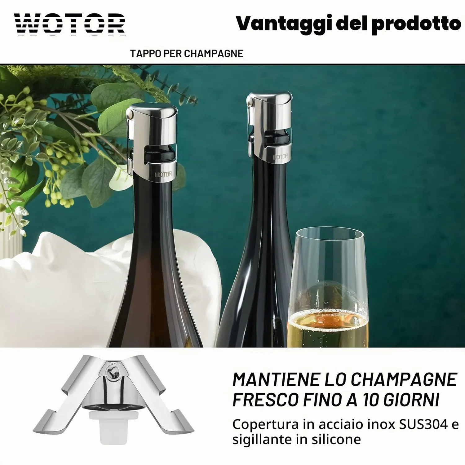 WOTOR Tappo per Spumante Acciaio Inox Ermetico