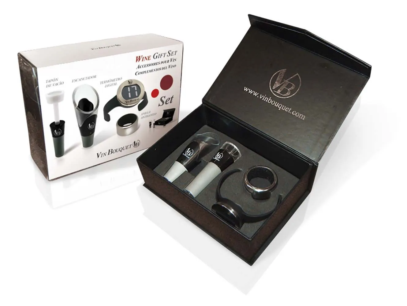Vin Bouquet set vino 4 pezzi nero con tappo sottovuoto