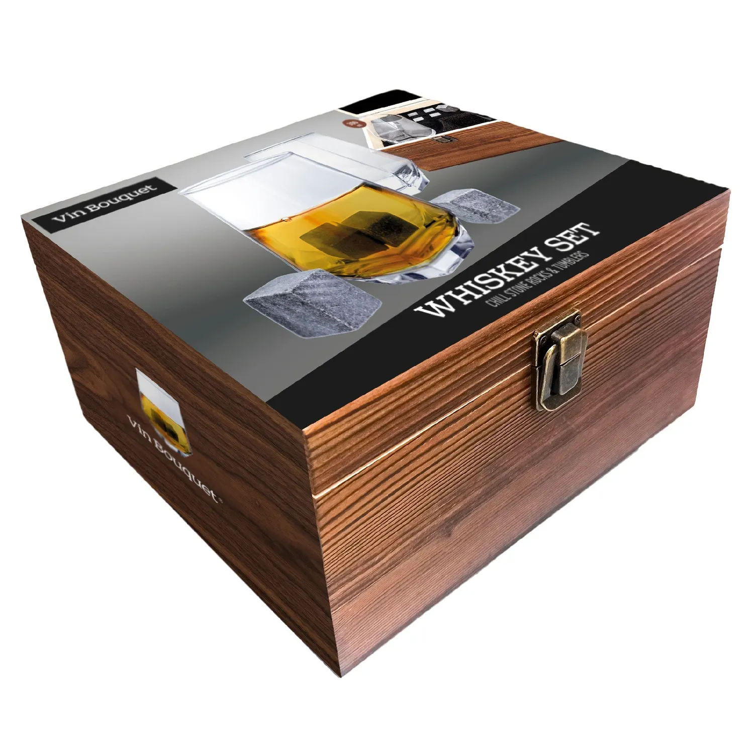Vin Bouquet Set da whisky con bicchieri e pietre in scatola di legno
