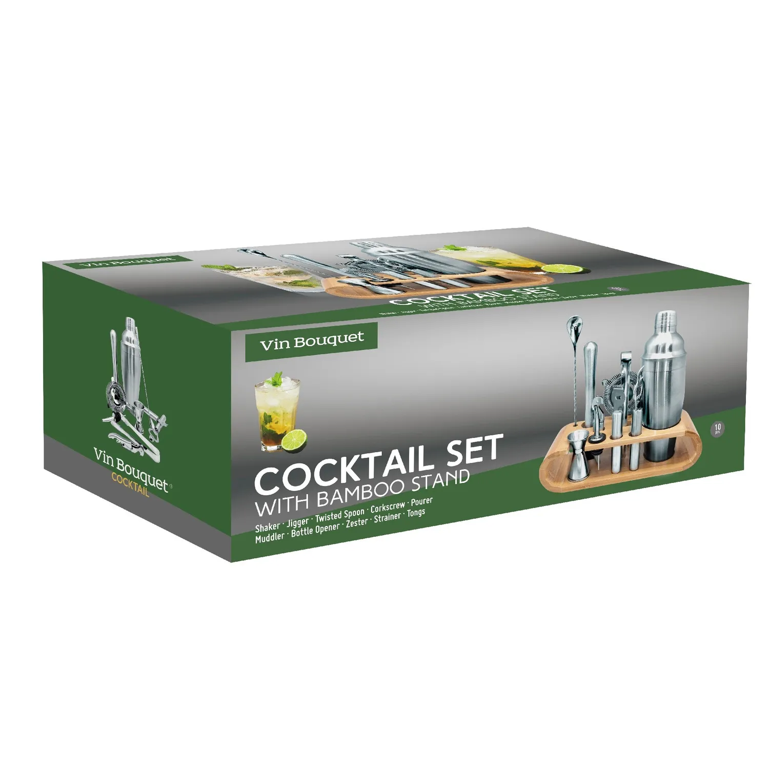 VinBouquet set cocktail con base in bambù e acciaio inox