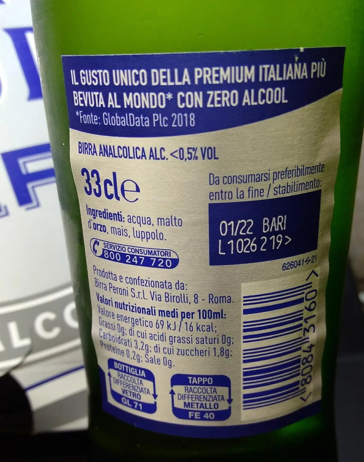 Peroni Nastro Azzurro 0.0 Birra Analcolica Secca